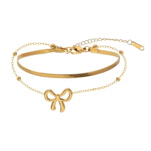 yueton Adjustable Gold Ankle Chain Stylish Double-Layer Ankle Bracelet with Cute Bow Pendant Dainty Beach Foot Jewelry for Women