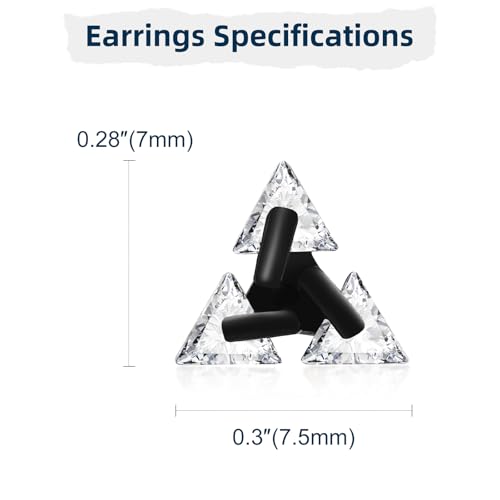 Unisex Geometric Triangle Stud Earrings, Stainless Steel Minimalist Cubic Zirconia Pierced Post Earrings for Men Women - style: Three Zircons-Black