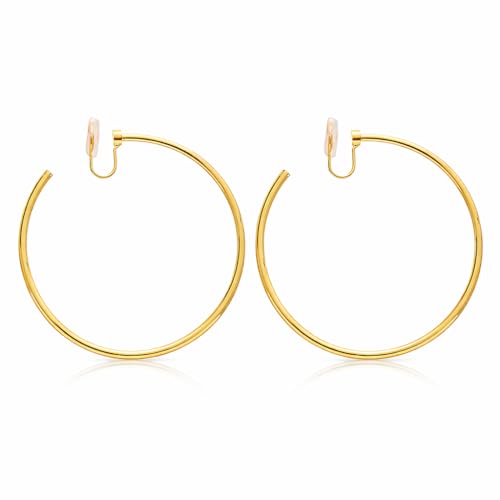 Large Gold Clip on Hoop Earrings for Women, Non Pierced Earrings with Comfortable Silicone Pads, Oversized Lightweight Thin Hoop Jewelry, Elegant Minimalist Professional Accessory, Jewelry Gift for Her
