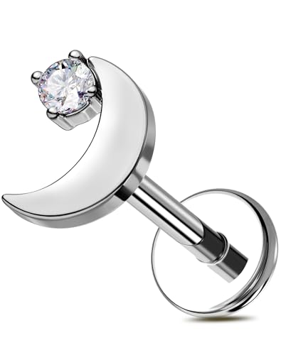 OUFER 18G Moon Cartilage Piercling Jewelry-G23 Titanium Flat Back Push Pin Gold Helix Earrings, Shiny Emerald CZ Tragus Lobe Rook Helix Piercing Jewelry - style: Silver