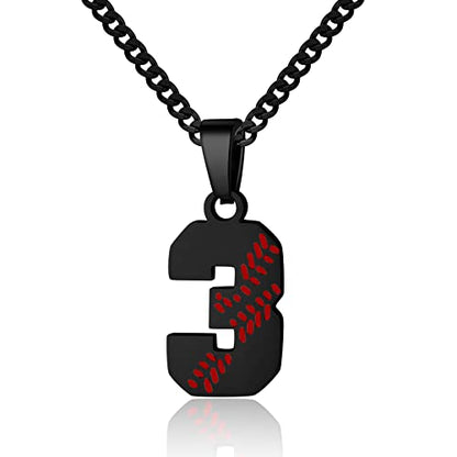 Hatti Doris Baseball Number Necklace for Men 00-99 - Jersey Number Necklace with Stainless Steel Gold Plated Chain & Baseball Charm Pendant - color: Black, style: 3