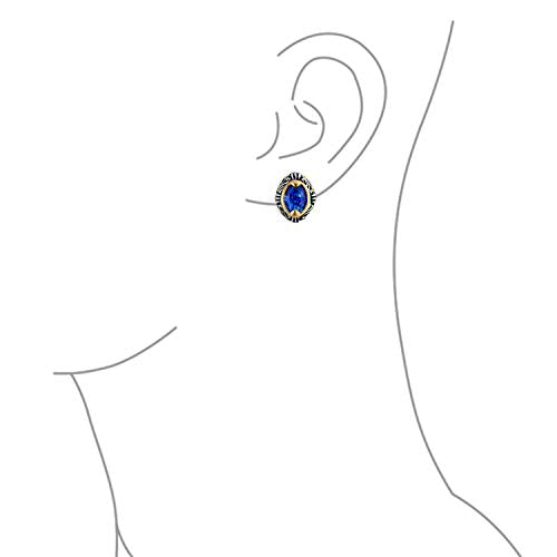 Bali Button Style Two Tone Red Blue Brown Crystal Oval Clip-On Earrings - color: Blue