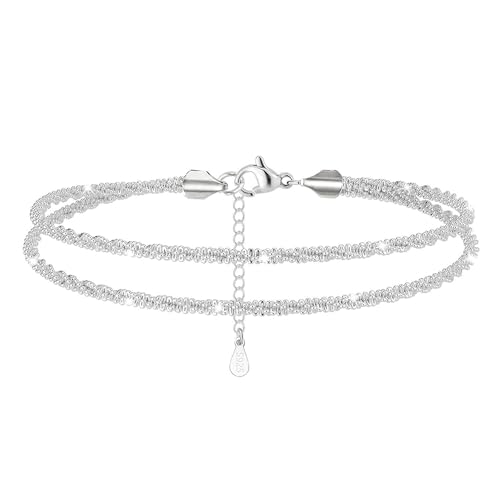 Silver Anklets for women,Layered Anklets Bracelets Adjustable Summer Beach Jewelry - color: Double-layer