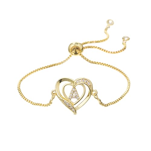14K White Gold Plated Initial Heart Bracelet for Women Zircon Inlay Heart Initial Charm Bracelets Adjustable Minimalist Jewelry - color: A-gold