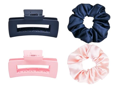 Claw Clips and Scrunchies Set 4pcs – 2 Medium Hair Clips, 2 Satin Scrunchies, Non-Slip Matte Square Hair Claws, Hair Accessories for Back to School, Birthday Gift, Daily Use, Navy Pink - color: Navy Blue/Pink