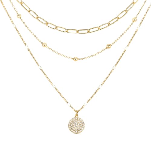 Layered Necklaces for Women, 3 Piece Gold Necklace Set | Paperclip, Satellite & CZ Pendant Chains; 14K Gold Plated Silver Stainless Steel Necklace; Hypoallergenic Non Tarnish Jewelry - color: Gold