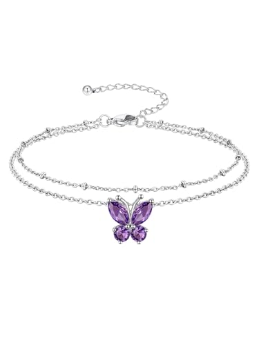 Richsteel Double Layer Heart/Butterfly Birthstone Anklet for Women | Non Tarnish Waterproof, Silver/Gold/Black Stainless Steel 8.5-10.5 Inch Adjustable Chain Anklets Summer Beach Foot Jewelry - color: Silver Butterfly-02 Feb.(Amethyst)