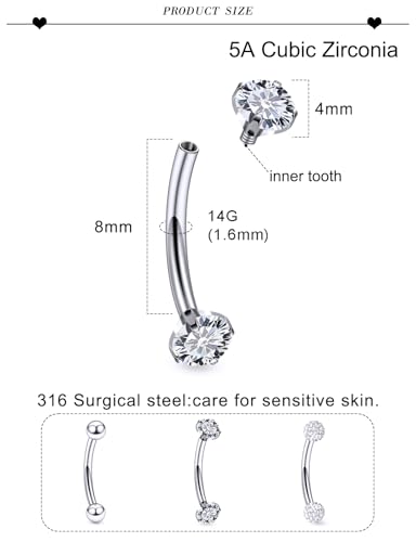 18G 16G 14G Eyebrow Ring Piercing Jewelry Surgical Steel Internal Thread Vertical Labret Lip Ring Rook Daith Earrings Belly Button Ring Piercing Jewelry for Women Men CZ Silver Black Gold - color: Silver, size: 14G, 8mm Length