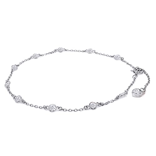 Link Chain Station Anklet Bracelet for Women 1.00 CT | 3MM Round Moissanite in Sterling Silver Jewelry for Her 8" to 10" - color: A1 : White Gold