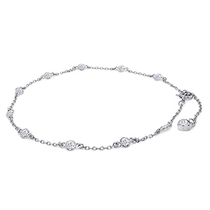 Link Chain Station Anklet Bracelet for Women 1.00 CT | 3MM Round Moissanite in Sterling Silver Jewelry for Her 8" to 10" - color: A1 : White Gold