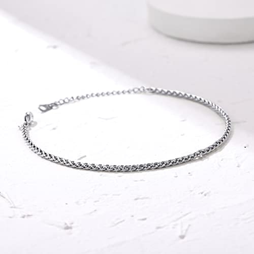 Adjustbale Link Chain Anklet for Women Summer Jewelry, 316L Stainless Steel Figaro/Wheat/Twist Rope/Cuban Foot Bracelet-Waterproof, Resizable 9"-12" (Gift Box Included) - color: 4, Wheat - Stainless Steel