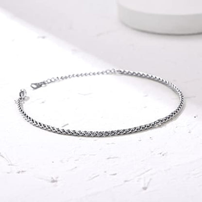 Adjustbale Link Chain Anklet for Women Summer Jewelry, 316L Stainless Steel Figaro/Wheat/Twist Rope/Cuban Foot Bracelet-Waterproof, Resizable 9"-12" (Gift Box Included) - color: 4, Wheat - Stainless Steel