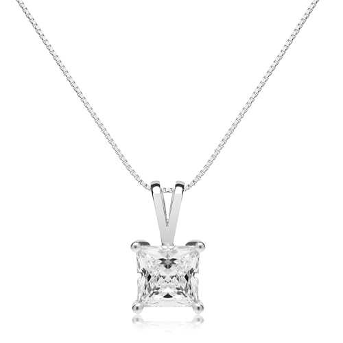 Everyday Elegance Solid 14K Gold Cubic Zirconia Solitaire Pendant Necklace for Women Heart, Princess, Round, Oval, Emerald, Pear & Cushion Cut 1 or 2 CTW | .60mm Thick 16" 18" Length Box Link Chain - color: 14K White Gold, size: 16 " Chain (0.60 mm Thick)