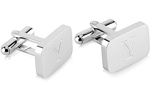 18K White-Gold Plated Initial Engraved Stainless Steel Men’s Cufflinks With Gift Box -Personalized Alphabet Letter’s A-Z By Lux & Pair - style: Y- White Gold