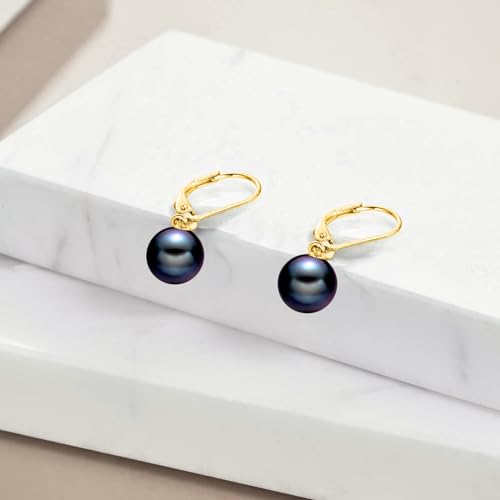 925 Sterling Silver Pearl Leverback Earrings Dangle Drop Jewelry Gifts for Women - style: Black Pearl-Gold