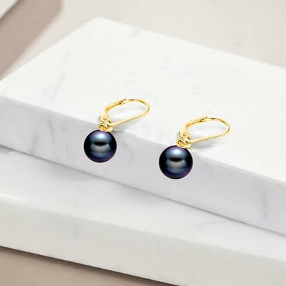 925 Sterling Silver Pearl Leverback Earrings Dangle Drop Jewelry Gifts for Women - style: Black Pearl-Gold