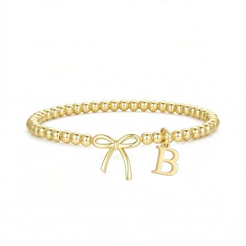 Letter A-Z Bracelets for Women Teen - Inital Beaded Bracelet with Bowknot Charm, Dainty Stretch Stackable Bracelet, Trendy Jewelry Gifts for Birthday Easter Basket Stuffers - style: Gold: B