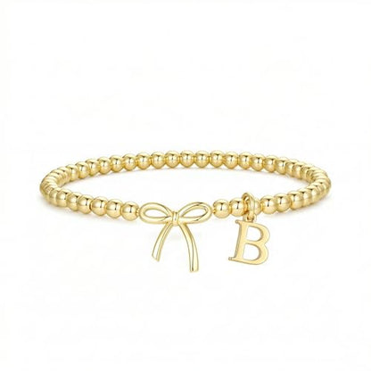 Letter A-Z Bracelets for Women Teen - Inital Beaded Bracelet with Bowknot Charm, Dainty Stretch Stackable Bracelet, Trendy Jewelry Gifts for Birthday Easter Basket Stuffers - style: Gold: B