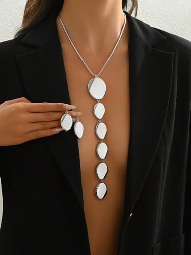 Statement Necklace and Earrings Set – 2PCS Gold Silver Chunky Geometric Pendant Jewelry with Snake Chain, Asymmetrical Ellipse Y-Necklace Metallic Fashion Jewelry for Women - color: A:Silver