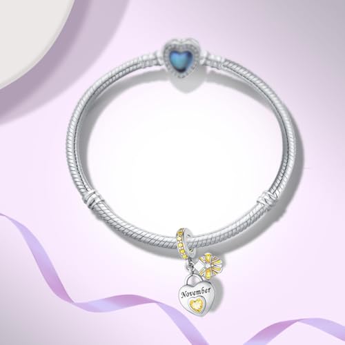 925 Sterling Silver Birthstone Bracelet Charm - Unique Heart Shaped Design, Fits most Europe Pandora Bracelets and Necklaces, women's DIY holiday Gifts - style: K-November