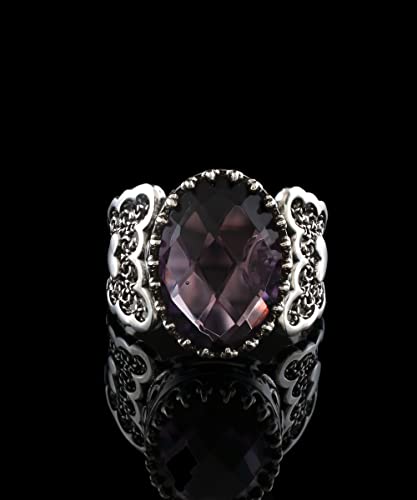 Filigranist 925 Sterling Silver Handcrafted Filigre Art Double Heart Detailed Women Cocktail Ring with Gemstones - color: Amethyst