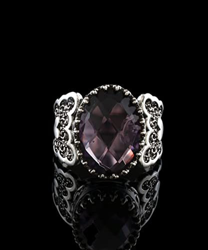 Filigranist 925 Sterling Silver Handcrafted Filigre Art Double Heart Detailed Women Cocktail Ring with Gemstones - color: Amethyst