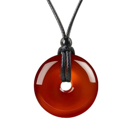 FANASY Natural Gemstone Pendant Necklce Lucky Coin Crystal Necklace Protection Donut Pendnat with Adjustable Rope for Men Women - color: Red Agate