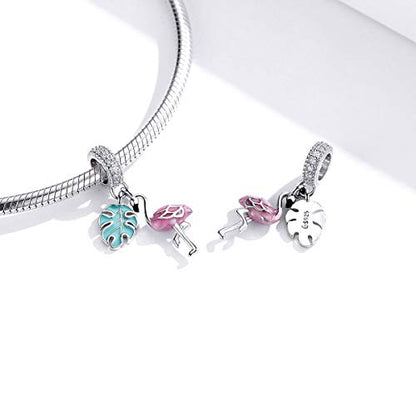 Hummingbird Charms For Bracelets 925 Sterling Silver Animal Dangle & Beads Butterfly Cat Beads Charms For Women Jewelry Gift - color: Red flamingo