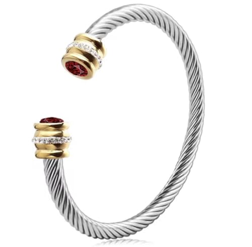 Birthstone Cable Cuff Bracelet for Women - Adjustable Open Cuff, Two-Tone Gold & Silver Twisted Bangle, Classic Stackable Jewelry Gift - color: Ruby