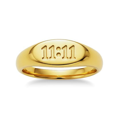 6mm 1111 Angel Number Signet Rings for Women Men | 18K Gold Plated Hypoallergenic Statement Ring,Sync with the Universe Spiritual Statement - color: Gold