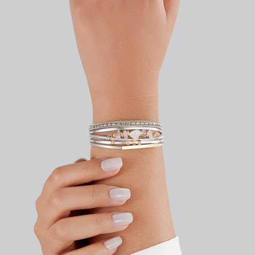 Boho Gemstone Beaded Leather Wrap Bracelets Stackable Chunky Cuff Bracelet Western Jewelry Cowboy Chic Country Concert Outfits for Women - color: Silver