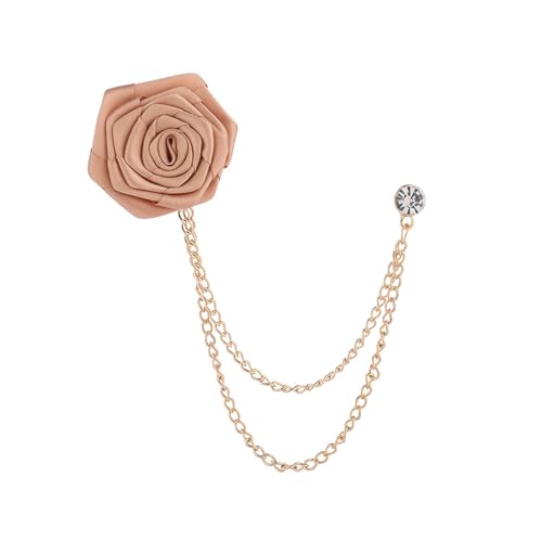Bridegroom Wedding Brooch, Rose Flower Brooch Lapel Pin Badge Tassel Chain for Men Suit Accessories, Cloth Art Handmade Jewelry - color: Champagne