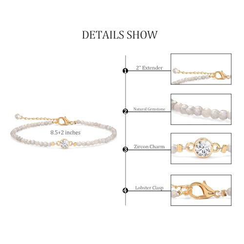 Raicegs Anklets for Women Handmade Beach Boho Ankle Bracelet 3mm Natural Stone Beaded Ankle Bracelet 14K Gold Plated Zircon Pendant Adjustable Crystal Gemstone Anklet Jewelry Gift for Her - color: Labradorite
