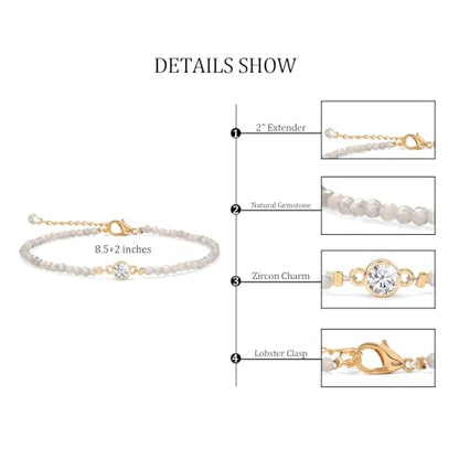 Raicegs Anklets for Women Handmade Beach Boho Ankle Bracelet 3mm Natural Stone Beaded Ankle Bracelet 14K Gold Plated Zircon Pendant Adjustable Crystal Gemstone Anklet Jewelry Gift for Her - color: Labradorite