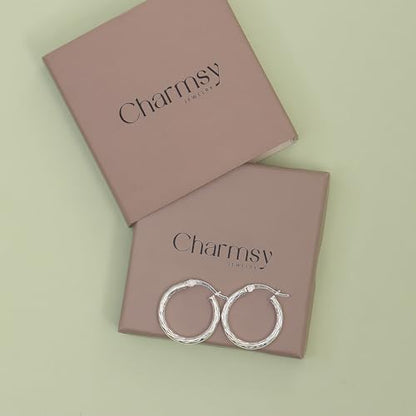 Charmsy 925 Sterling Silver Hoop Earrings | Lightweight Italian 2.5mm Tube Diamond-Cut Round Classic Hoops Earring for Women | Size 15/20/25/30/35/40/50/60/70mm | Small Medium Large - color: Diamond-Cut, size: 20 MM