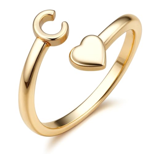 FUNRUN JEWELRY Gold Initial Ring for Women Non Tarnish 14K Gold Plated | Adjustable Letter Rings A-Z Dainty Heart Alphabet Stackable Band Rings Trendy Capital Letter Pinky Knuckle Thumb Ring - style: C Initial Ring