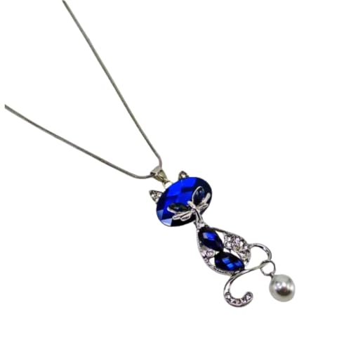 Blue Crystal Cat Pendant Necklace for Women – Large Sparkling Rhinestone with Moving Pearl, Long Silver Tone Snake Chain, Cat Lover Gift Fashion Statement Jewelry