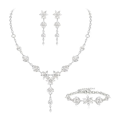 EVER FAITH Crystal Flower Wedding Prom Jewelry Set for Bride Bridesmaid | Rhinestone Costume Party Y-Shaped Necklace Dangle Earrings Bracelet, for Women - color: Clear Silver-Tone