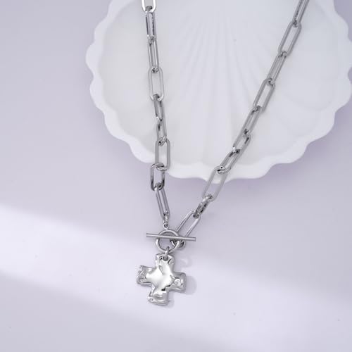 Chunky Cross Necklace for Women Trendy 14K Gold Silver Plated Statement Big Cross Pendant Paperclip Chain Charm Necklaces Religious Faith Easter Basket Stuffers Baptism Costume Jewelry Gift - color: White Gold-Toggle-0.8 inch pendant