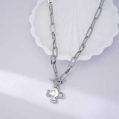 Chunky Cross Necklace for Women Trendy 14K Gold Silver Plated Statement Big Cross Pendant Paperclip Chain Charm Necklaces Religious Faith Easter Basket Stuffers Baptism Costume Jewelry Gift - color: White Gold-Toggle-0.8 inch pendant