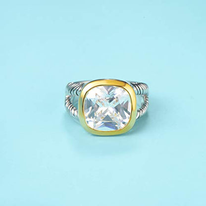 UNY JEWEL Twisted Cable Wire Two Tone Cusion Cut CZ Statement Ring Designer Inspired Fashion Love Antique Women Jewelry Gift - color: White