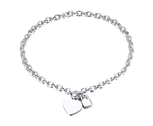 VNOX Personalized Initial Name Stainless Steel Trendy Cable Chain Bracelet Neckalce Set with Padlock Heart Charm and Toggle Clasp Closure - color: Silver Necklace