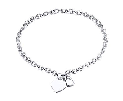 VNOX Personalized Initial Name Stainless Steel Trendy Cable Chain Bracelet Neckalce Set with Padlock Heart Charm and Toggle Clasp Closure - color: Silver Necklace