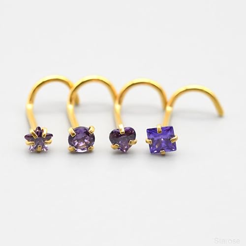 8 Pcs-Pack, Crystal Nose Studs, 20G Stainless Steel, 3mm Zircon, Multiple Shapes Zircon Labret Nose Piercing Ear Jewelry - color: Purple