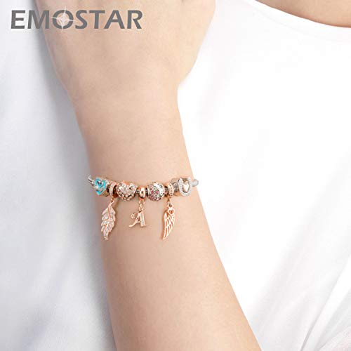 EMOSTAR Letter Charms Initial A-Z Alphabet Beads, Rose Gold 925 Sterling Silver Dangle CZ Birthstone Pendant, Gifts for European Charm Bracelet/Mothers Day/Birthday - color: Letter A