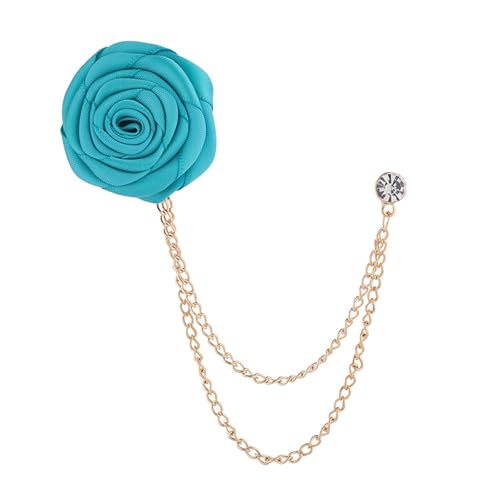 Bridegroom Wedding Brooch, Rose Flower Brooch Lapel Pin Badge Tassel Chain for Men Suit Accessories, Cloth Art Handmade Jewelry - color: Blue green