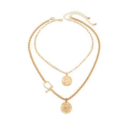 QCWN Gold Layered stacked Necklaces for women 3PS Chunky Statement Necklaces Stack Mixed Metal Charm Necklace for Women Trendy Coin Jewelry Gift for Her Gifts - style: Layered stack 7