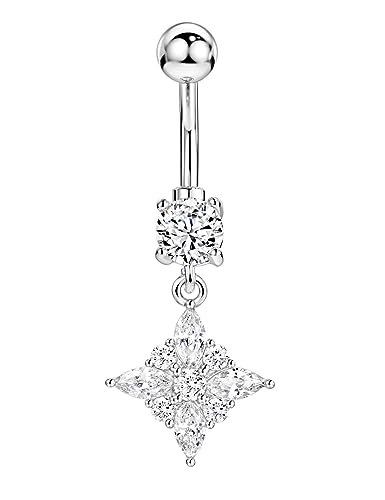 Belly Button Ring Dangle, Cross Belly Button Ring, Navel Piercing | 316L Surgical Steel, AAA+ Cubic Zirconia, Nickel-Free, Hypoallergenic, Multi-Style, 14 Gauge 10 mm Screw On Piercing Stud - style: Dangling Square