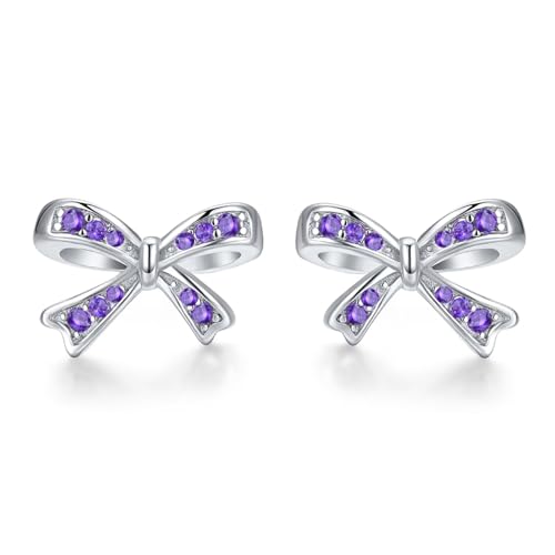 925 Sterling Silver Birthstone Bow Stud Earrings for Girls Women Bow Jewelry Birthday Gifts for Teens Kids Girls Bowknot Stud Earrings - color: 02.February
