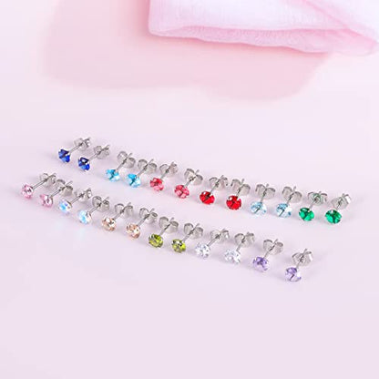 12 Pairs 18K Gold Plated Surgical Stainless Steel Stud Earrings, Star Heart Square Stud Earring for Women, Cubic Zirconia Birthstone Stud Earrings Set - color: Silver round 5mm